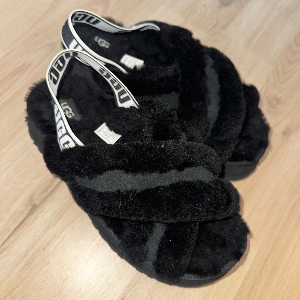 UGG Black Fluffy Slippers